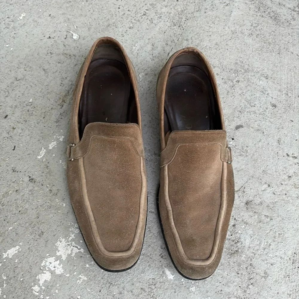 Ferragamo khaki tan suede loafers